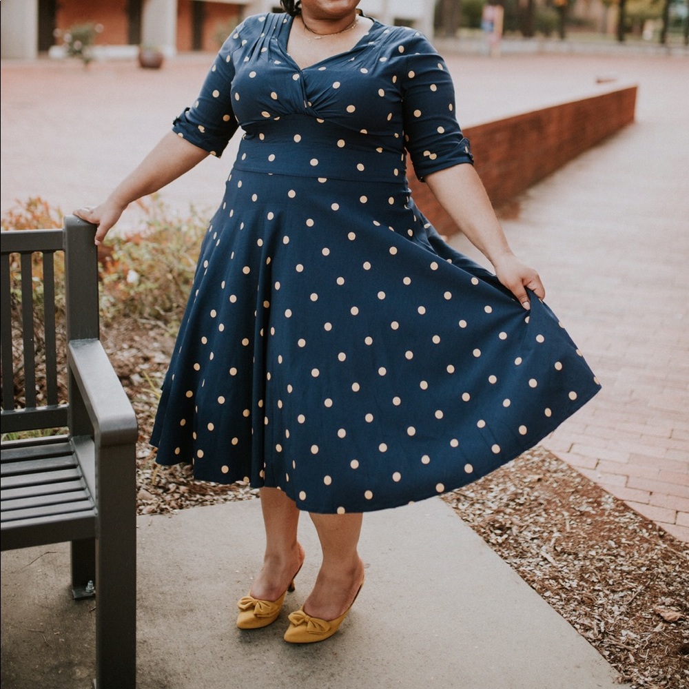 Navy & Mustard Polka Dot Delores Swing Dress